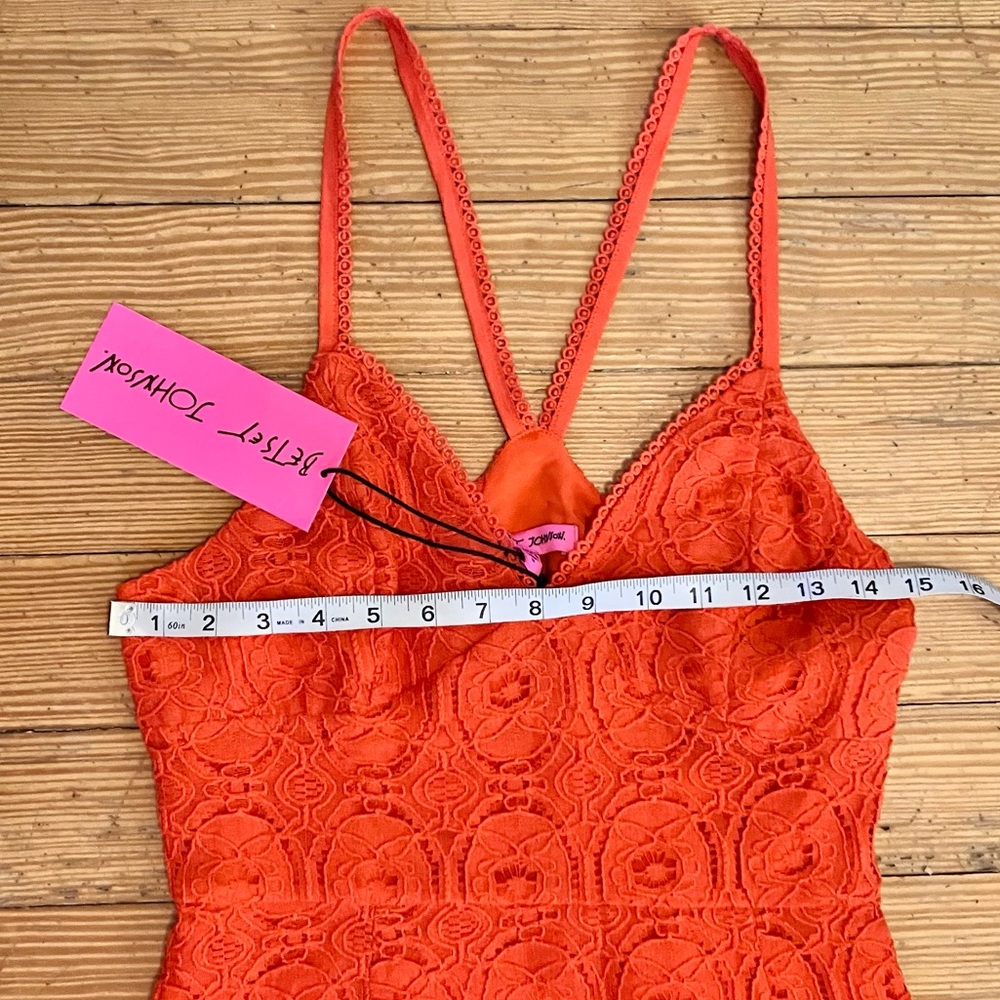 NWT Betsey Johnson Crochet Lace Ruffle Hem Mini Dress in Spicy Orange Sz S. - Picture 8 of 13
